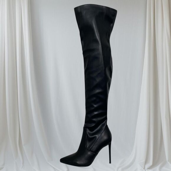 Vampy Bratty Over The Knee Black Faux Leather Stiletto High Heel Boots US 8 - Picture 1 of 8